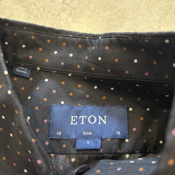 Eton Navy Silk Twill Shirt Pin Polka Dots Slim Fit Dress 38/15 Long Sleeve - Picture 5 of 9